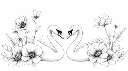 Obraz premium White flowers and two swans in a black background vector illustration