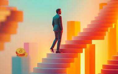 A businessman climbing golden coin stairs