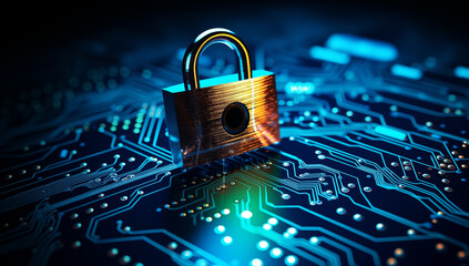 Golden padlock resting on blue circuit board, illuminated by blue and green lights, symbolizes cybersecurity and digital protection.