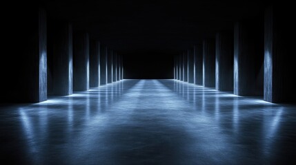 Empty, dark, illuminated hallway