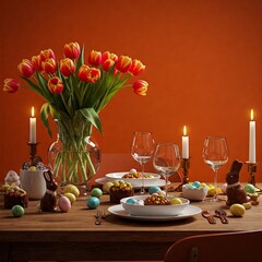 Elegant Easter Dining with Bold Orange Accents, Fresh Tulips, and a Sophisticated Wooden Table Setting