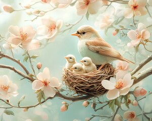 A charming and serene illustration of a mother bird and her three chicks nestled in a cozy nest