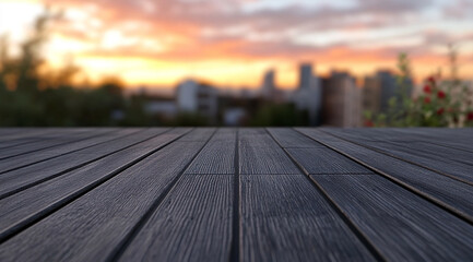 Obraz premium Wooden Deck View with Blurred Cityscape at Sunset Backdrop Beauty