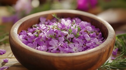 Wooden bowl of fresh, small, purple flowers; herbs and blossoms in background; natural, culinary, or herbal use