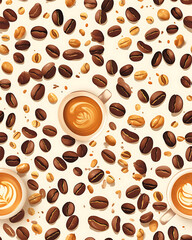 Obraz premium seamless pattern Realistic and artistic illustrations of coffee beans, brewing equipment, coffee cups for background or wallpaper