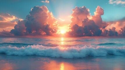 Majestic Ocean Sunset: Pink Clouds and Gentle Waves
