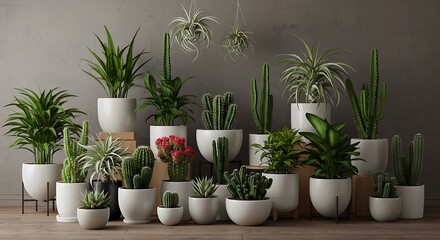 Modern home garden composition with a variety of lush plants, cacti, succulents, and air plants in stylish pots. A perfect botanical interior for home gardening lovers.