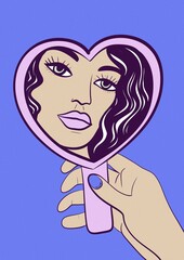 Trendy artwork with a modern woman, girl holding a mirror in the shape of a pink heart and looking at her reflection with sad eyes. Love yourself.