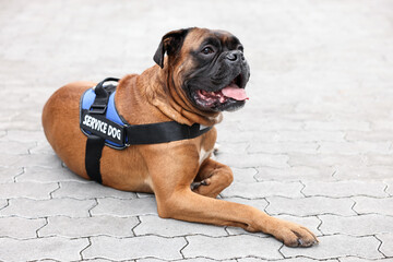Cute service dog in vest lying on pavement outdoors