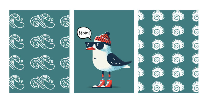 Cute seagull illustration with nautical wave and seashell patterns. Vector cards in trendy retro cartoon style. Vector backgrounds set. Good vibes funny cartoon elements. Fun maritime design.