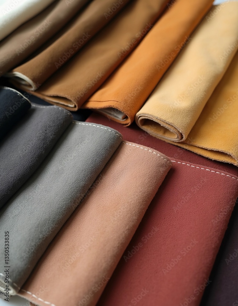 Poster layers of multicolored suede samples lie flat, displaying soft textures and a palette of earthy tone