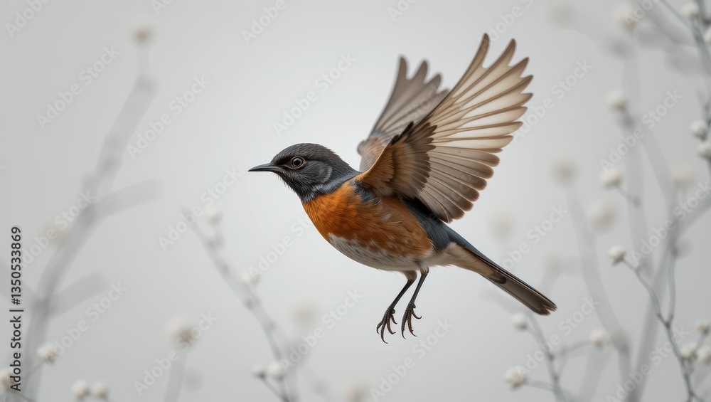 Aufkleber a colorful bird in flight among delicate branches with soft background in spring