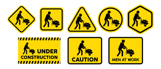 Collection set vector of under construction sign, men at work sign, road works sign, caution sign, in black and yellow design.