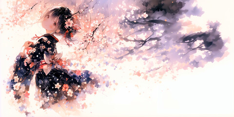 桜が舞い散る中でもの思いにふける女性。イラスト。水彩。背景素材。