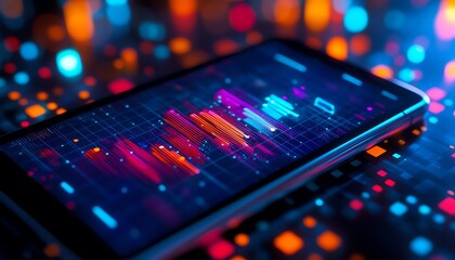 Obraz premium A smartphone displaying colorful data visualization graphs