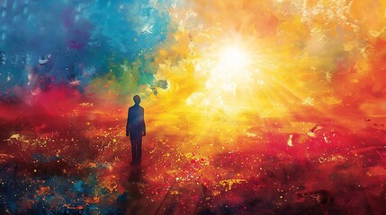 Joyful faith transition greeting card showcasing person embracing their new religious path vibrant atmosphere filled love acceptance blank section on one side allows for adding names and event details