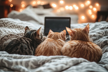 Three Curious Cats Watching a Laptop Screen on a Cozy Bed with Lights