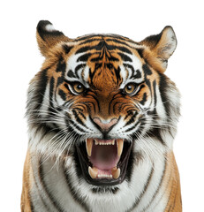 Fototapeta premium Majestic Bengal Tiger Head Portrait with Fierce Open Mouth Roar Showing Sharp Fangs and Intense Blue Eyes Isolated on Transparent and White Background