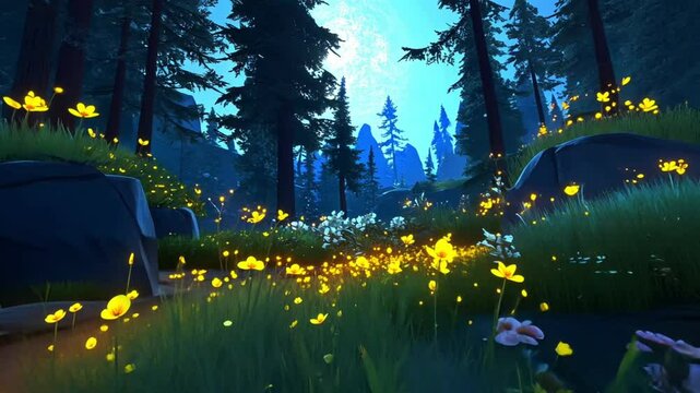 Pixel Art Forest Meadow With Glowing Yellow Flowers