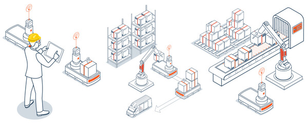 Isometric illustration of a warehouse automation system. A variety of automated guided vehicles AGVs and robotic arms.