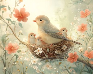 A tranquil and gentle illustration of a mother bird with her three chicks
