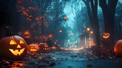 Haunted Street: Carved pumpkins and ambient lights set the mood for a mysterious Halloween setting