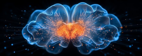 A visually striking illustration of a brain with holographic circuits