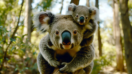 Obraz premium koala bear with baby in a forest.ai generative