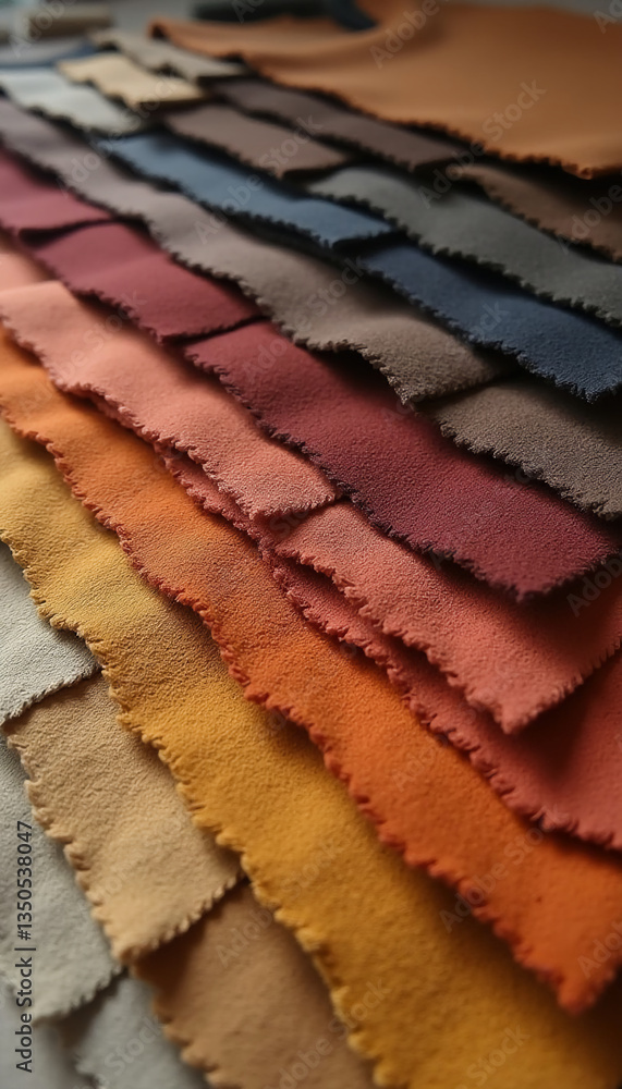 Poster layers of multicolored suede samples cascade in a striking gradient, featuring rich earth tones and 