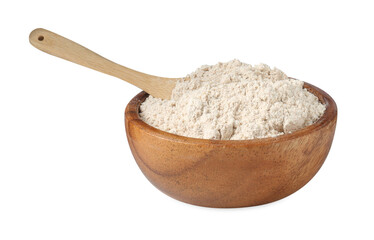 Brown rice flour and spoon in bowl isolated on white