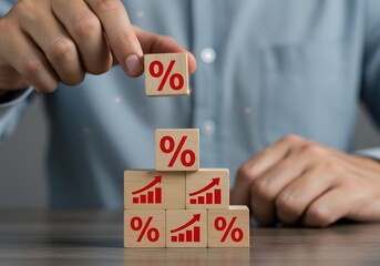 Naklejka premium representing interest rates, financial growth, and dividends in the economy. Interest Rate and Growth Concept. Wooden blocks with percentage symbols and upward arrows stacked progressively, 
