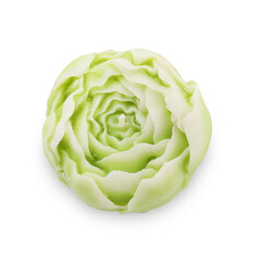 Fototapeta premium Beautiful green flower-shaped candle isolated on white, top view
