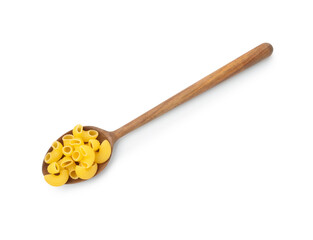 Raw horns pasta in spoon isolated on white, top view