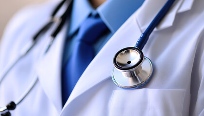 A female doctor wearing a white lab coat, blue scrubs, and a blue tie, with her stethoscope wrapped around her neck, standing in front of a white wall.