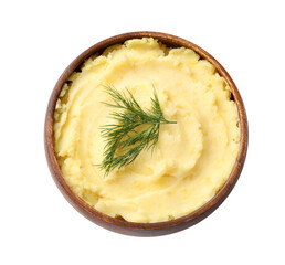 Delicious mashed potato with dill isolated on white, top view