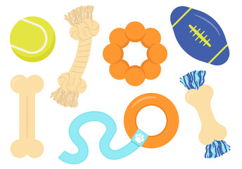 Dog toys illustration set. Variety of pet toys in a flat vector style including chew bones, rope and balls. 
