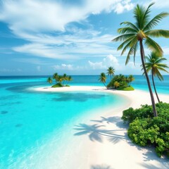 Secluded tropical island beach with turquoise water, palm trees, and white sand, shore, peaceful