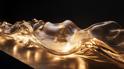 Abstract glass sculpture with flowing forms illuminated softly, creating a serene atmosphere