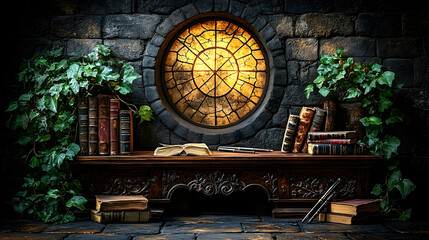 Aged books, ornate window, dark interior