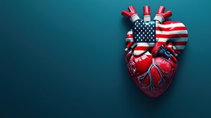 Naklejka premium Red human heart with American flag design on teal background