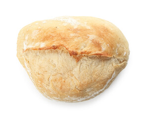 Whole loaf of freshly baked bread isolated on white, top view