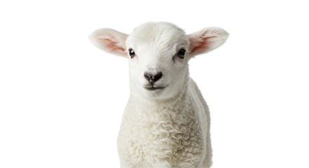 fluffy lamb with bright, curious eyes stands against a white background, highlighting its gentle and adorable charm