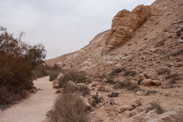 A rocky desert landscape with a path leading through it