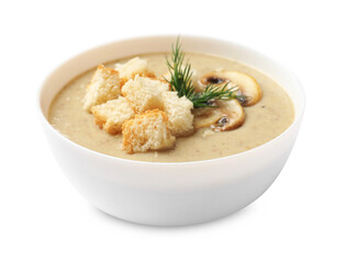Delicious mushroom cream soup with croutons and dill on white background