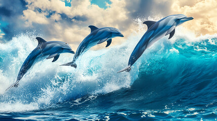 Fototapeta premium dolphin jumping out of water with shiny sky.ai generative