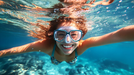 Naklejka premium young girl swimming underwater close-up.ai generative