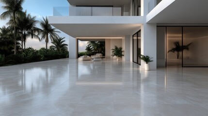 Modern luxury patio with sleek design.  Spacious outdoor living area with contemporary architecture.  Reflective flooring seamlessly transitions to modern interior