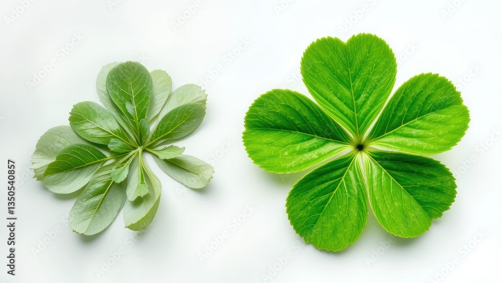 Poster close-up view of unique green leaves featuring a four-leaf clover and a three-leaf variant