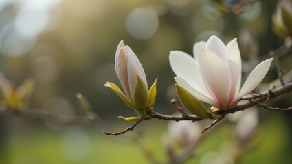 Closeup of Delicate Magnolia Blossoms in Soft Natural Light with Bokeh Background in Spring