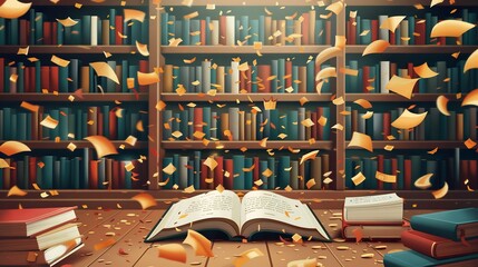 Literary success celebration card showcasing bookshelf bestsellers golden awards floating in the background and an inspiring quote A blank section on one side allows for adding publication details